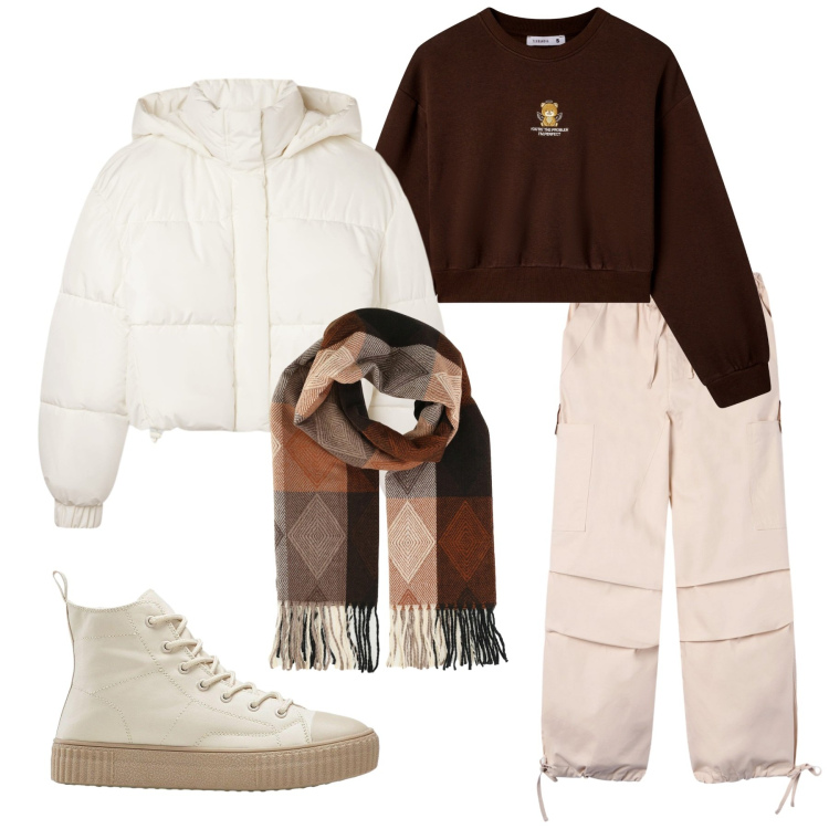 Outfit donna - Total look #2295188. Stile Sporty chic per Tutti i giorni. Abbinamento con sneakers alte, sciarpe, felpe, bomber, pantaloni cargo.