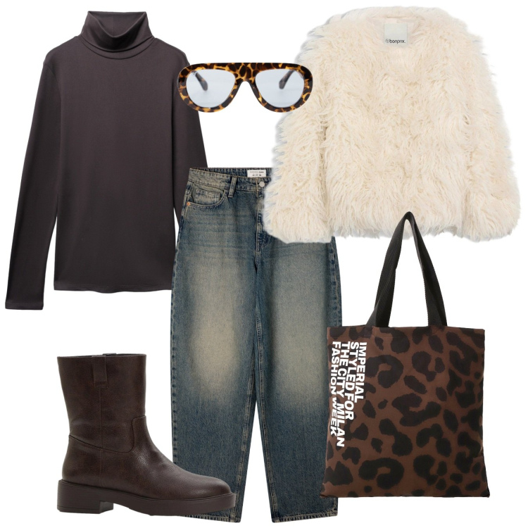 Outfit donna - La borsa leo. Stile Casual per Tutti i giorni. Abbinamento con stivaletti, ecopellicce, jeans, t-shirt, occhiali da sole, shopping bag.