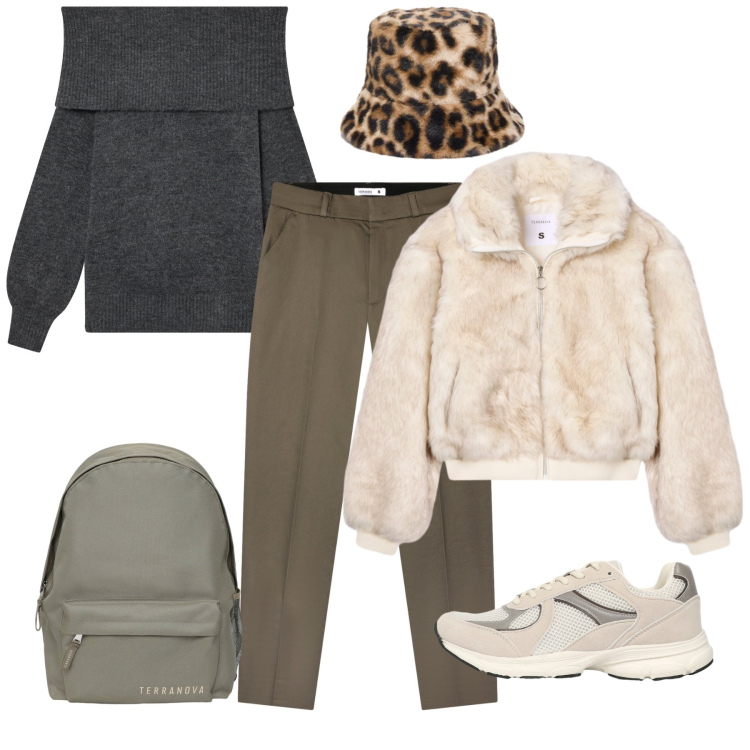 Outfit donna - Cappello chic. Stile Bon Ton per Ufficio. Abbinamento con pantaloni chino, sneakers, maglieria, zaini, ecopellicce, cappelli.