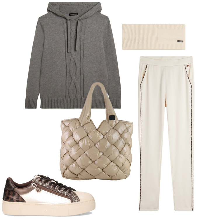 Outfit donna - Casual-chic a novembre. Stile Casual chic per Tutti i giorni. Abbinamento con pantaloni, accessori per capelli, maglieria, borse tote, sneakers.