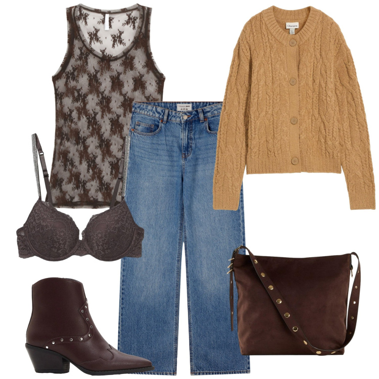 Outfit donna - Borchie e pizzo. Stile Casual chic per Serata fuori. Abbinamento con stivaletti texani, shopping bag, cardigans, jeans, reggiseni a balconcino, canottiere.