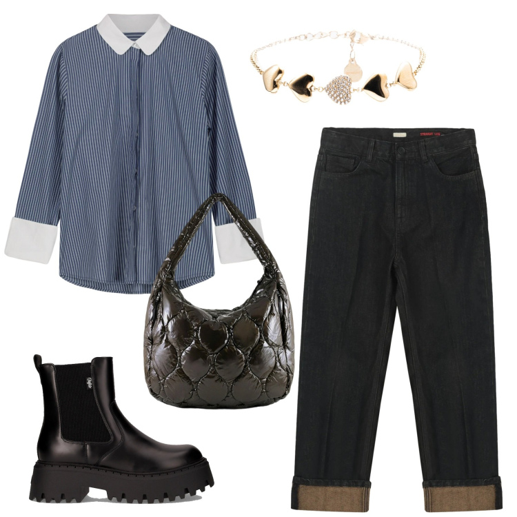 Outfit donna - Total look #2295201. Stile Casual chic per Tutti i giorni. Abbinamento con braccialetti, borse tote, jeans dritti, camicie, stivaletti chelsea.