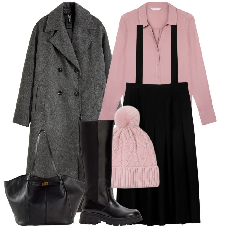 Outfit donna - Tocco rosa. Stile Bon Ton per Ufficio. Abbinamento con stivali, shopping bag, cappotti, camicie, berretti, gonne lunghe.