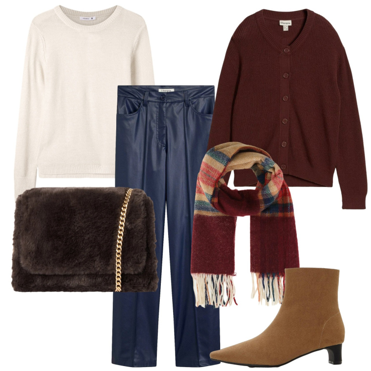 Outfit donna - La sciarpa calda. Stile Casual per Tutti i giorni. Abbinamento con stivaletti, cardigans, pantaloni, sciarpe, maglieria, borse a tracolla.