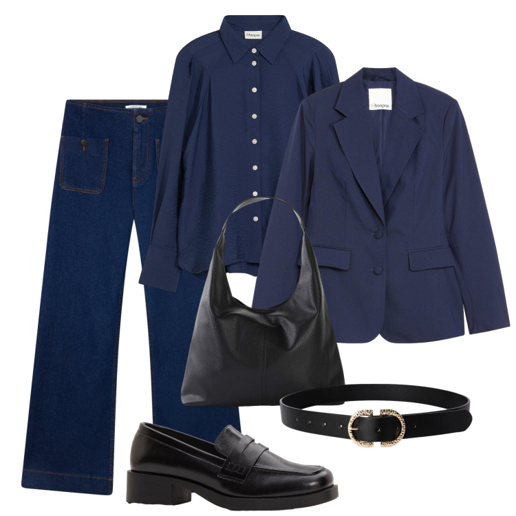 Outfit donna - Jeans in ufficio. Stile Casual chic per Ufficio. Abbinamento con shopping bag, mocassini, camicie, blazer, cinture, jeans.