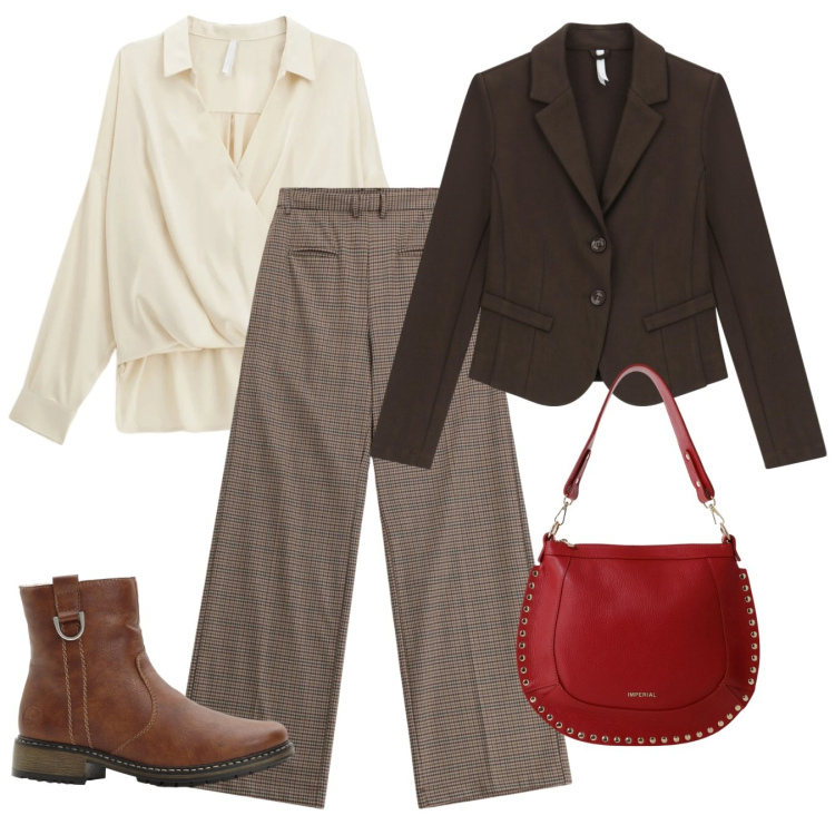 Outfit donna - In città. Stile Bon Ton per Tutti i giorni. Abbinamento con stivaletti, pantaloni a palazzo, camicie, blazer, borse a spalla.