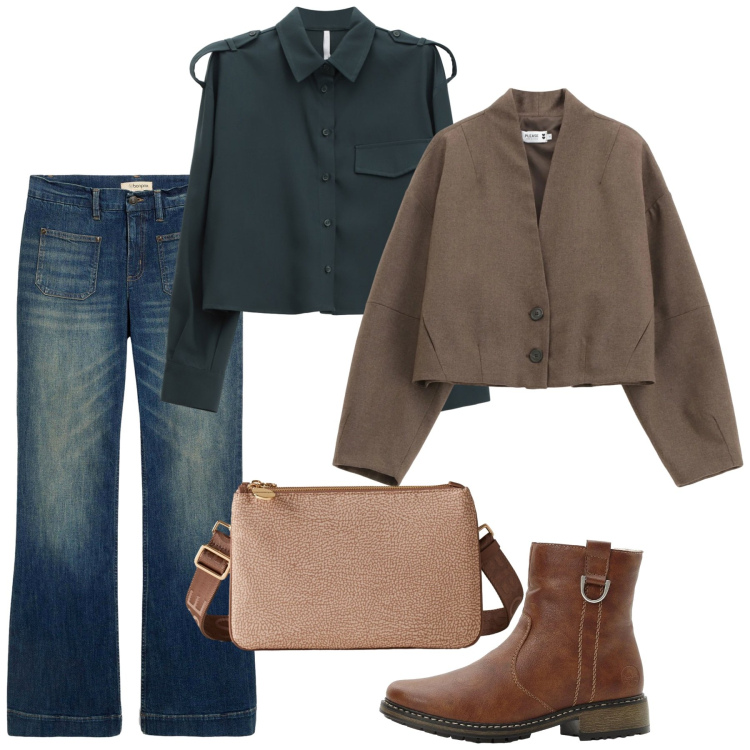 Outfit donna - Novembre in jeans. Stile Casual per Tutti i giorni. Abbinamento con jeans a zampa, stivaletti, blazer, camicie, borse a tracolla.