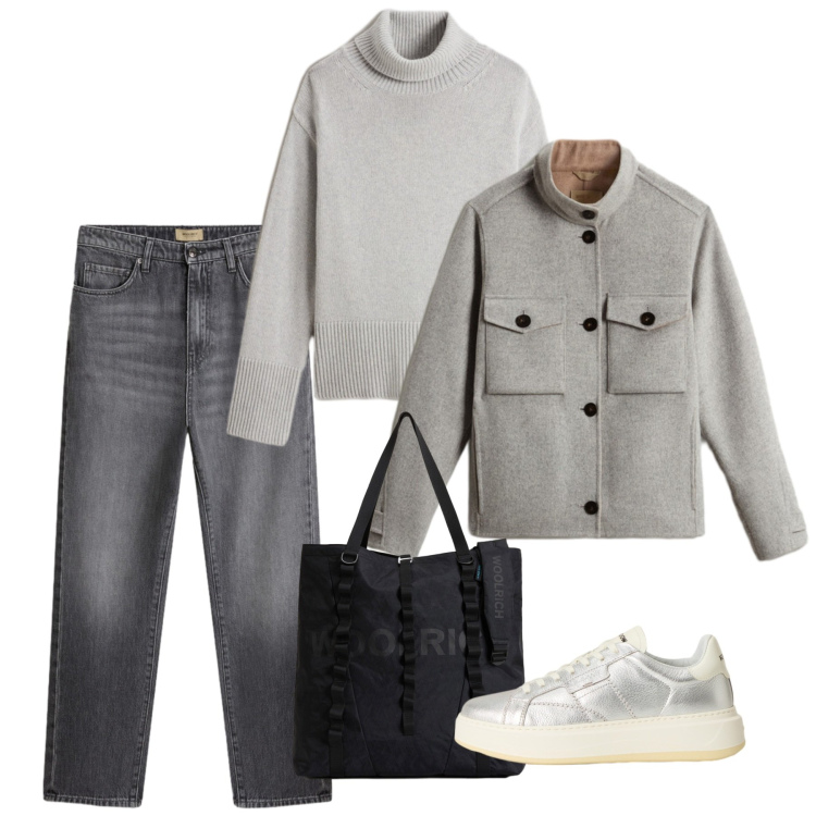 Outfit donna - Woolrich - Black Friday. Stile Casual per Tutti i giorni. Abbinamento con jeans, sneakers, borse tote, maglieria, blazer.