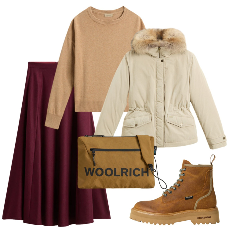 Outfit donna - Woolrich - Black Friday. Stile Bon Ton per Scuola/Università. Abbinamento con anfibi, blazer, borse a tracolla, maglieria, gonne lunghe.