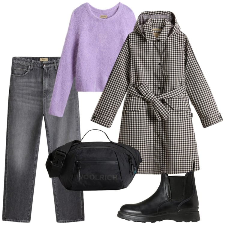 Outfit donna - Woolrich - Black Friday. Stile Basic per Tutti i giorni. Abbinamento con trench, jeans, borse a tracolla, stivaletti, maglieria.