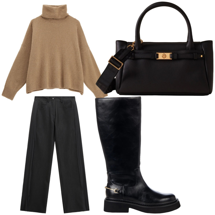 Outfit donna - Aperitivo. Stile Trendy per Tutti i giorni. Abbinamento con stivali sopra il ginocchio, maglieria, jeans, borse a mano.