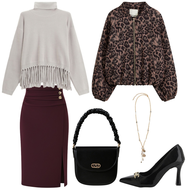 Outfit donna - Casual apericena. Stile Casual per Serata fuori. Abbinamento con bomber, maglieria, gonne longuette, borse a mano, décolleté, ciondoli.