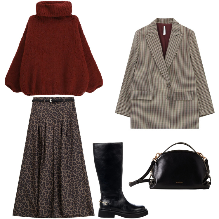 Outfit donna - Quadri e animalier vintage. Stile Vintage retrò per Ufficio. Abbinamento con maglieria, stivali sopra il ginocchio, pantaloni, blazer, borse a mano.