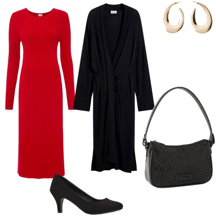 Outfit donna - Il tubino rosso. Stile Glamour per Serata fuori. Abbinamento con cappotti, décolleté, vestiti, borse a mano, orecchini.