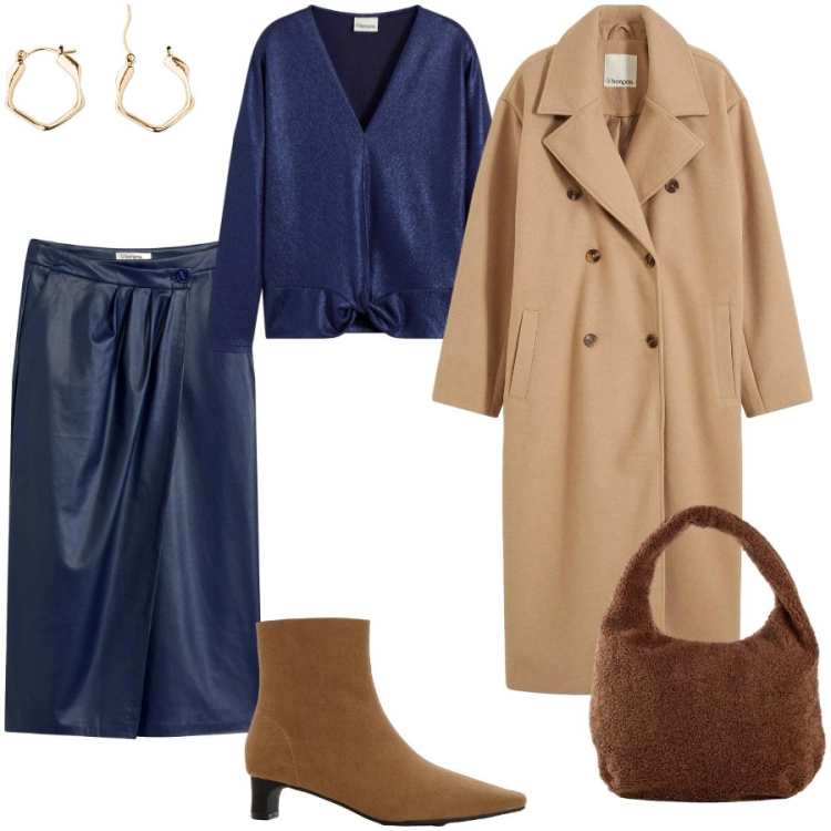 Outfit donna - Total look #2295276. Stile Glamour per Serata fuori. Abbinamento con cappotti, bluse, stivaletti, shopping bag, gonne longuette, orecchini.