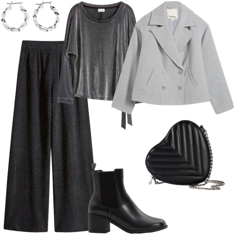 Outfit donna - Total look #2295281. Stile Glamour per Serata fuori. Abbinamento con bluse, pantaloni, caban, stivaletti, orecchini, borse a tracolla.