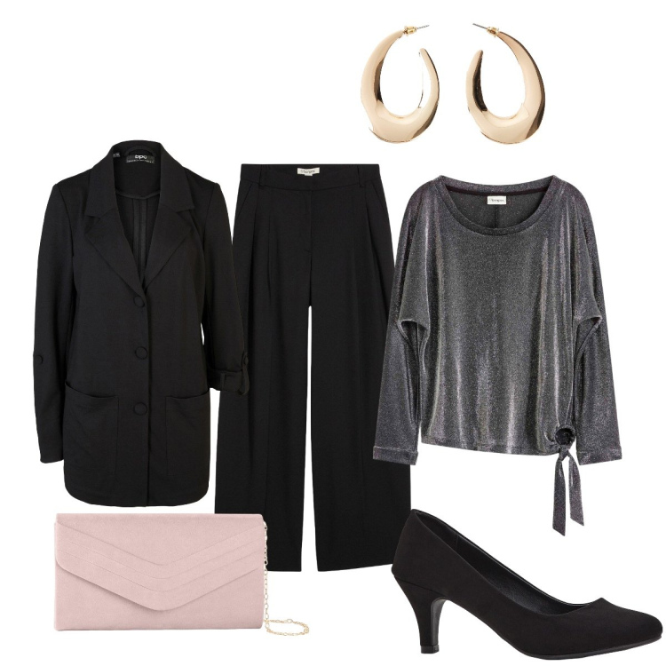Outfit donna - Con la blusa argentata. Stile Glamour per Serata fuori. Abbinamento con pantaloni, bluse, décolleté, pochette, blazer, orecchini.