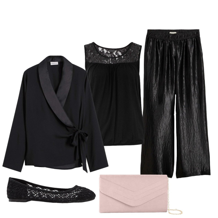 Outfit donna - Elegante per la serata. Stile Chic per Serata fuori. Abbinamento con ballerine, pochette, top, blazer, pantaloni a palazzo.