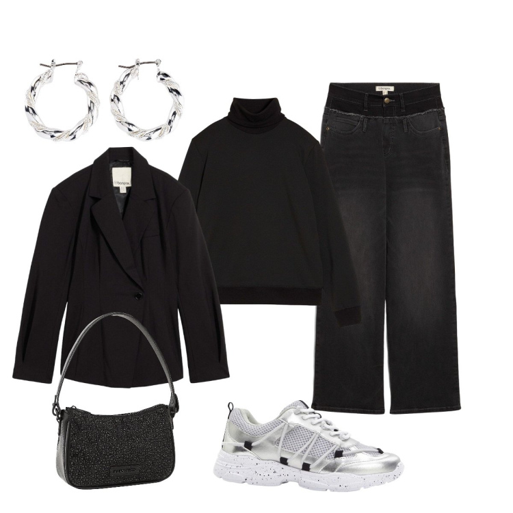 Outfit donna - Informale per il black party. Stile Glamour per Serata fuori. Abbinamento con orecchini, sneakers, borse a mano, maglieria, blazer, jeans dritti.