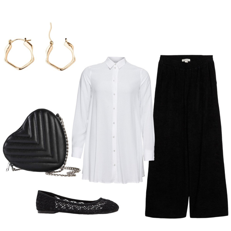 Outfit donna - Festa informale in casa di amici. Stile Romantica per Serata fuori. Abbinamento con camicie, ballerine, pantaloni, borse a tracolla, orecchini.