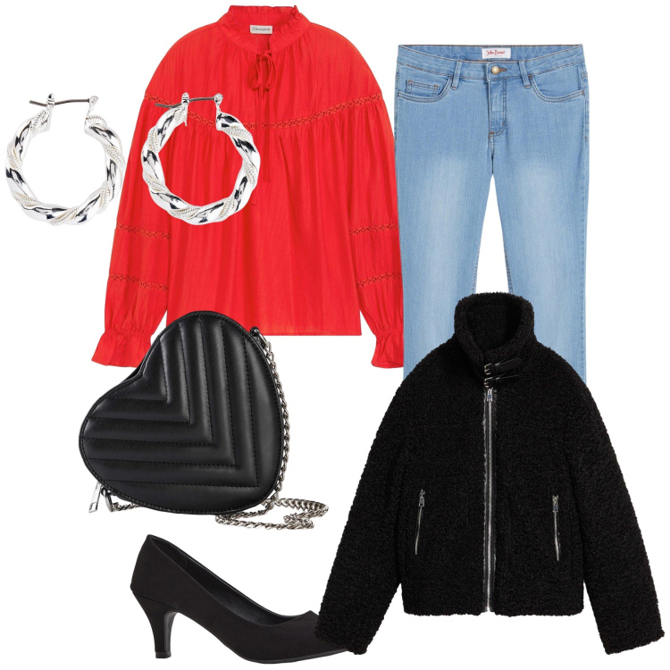 Outfit donna - Sportivamente glam al party. Stile Sporty chic per Serata fuori. Abbinamento con ecopellicce, jeans skinny, décolleté, orecchini, borse a tracolla, bluse.