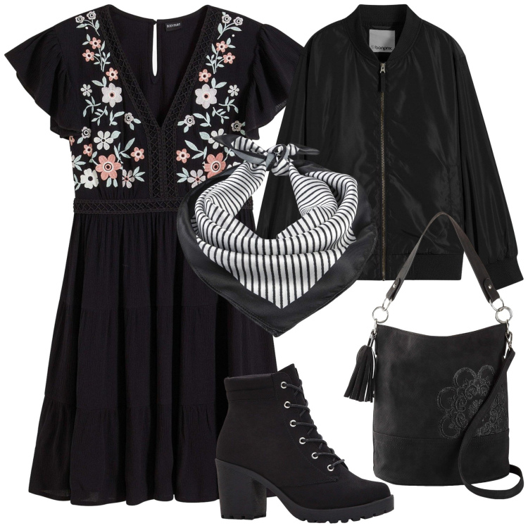 Outfit donna - Boho party Bonprix. Stile Boho per Serata fuori. Abbinamento con stivaletti, borse a mano, foulard, bomber, vestiti.