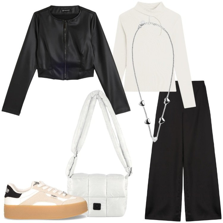 Outfit donna - Casual-chic a novembre. Stile Casual chic per Scuola/Università. Abbinamento con maglieria, collane, giacche, borse a spalla, pantaloni a palazzo, sneakers.