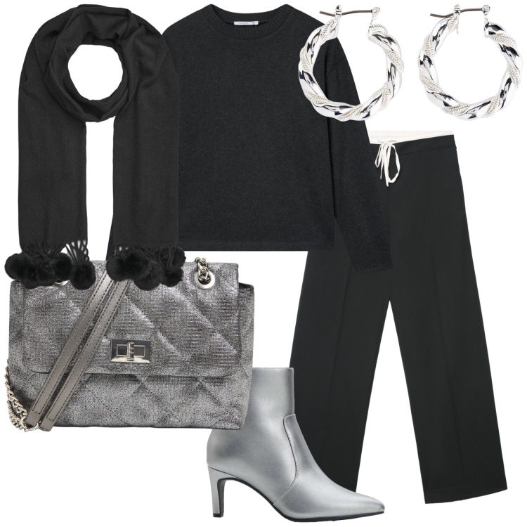 Outfit donna - Accessori argento. Stile Urban per Serata fuori. Abbinamento con stivaletti, orecchini, pantaloni, borse a tracolla, maglieria, sciarpe.