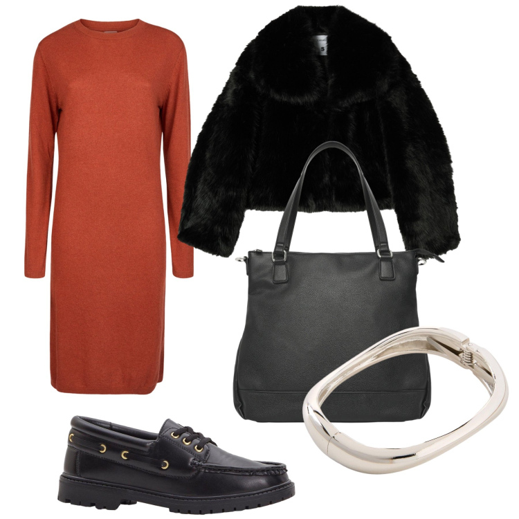 Outfit donna - Freddo. Stile Urban per Ufficio. Abbinamento con mocassini, braccialetti, shopping bag, ecopellicce, vestiti midi/longuette.