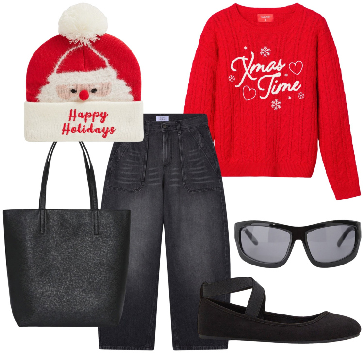 Outfit donna - Christmas time. Stile Trendy per Tutti i giorni. Abbinamento con ballerine, jeans, maglieria, borse tote, berretti, occhiali da sole.