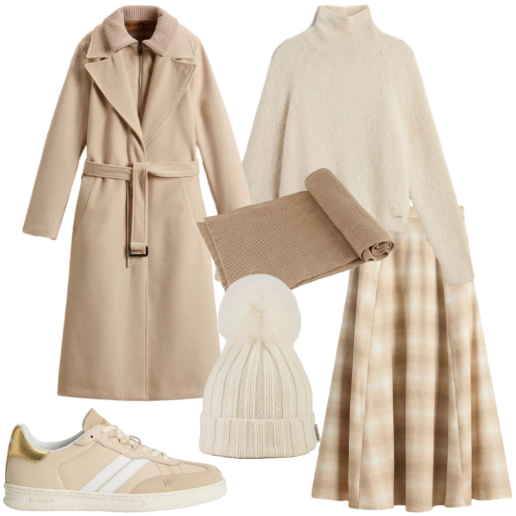 Outfit donna - Casual chic a novembre. Stile Casual chic per Tutti i giorni. Abbinamento con berretti, sciarpe, maglieria, sneakers, gonne lunghe, cappotti.