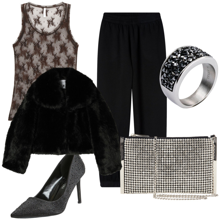 Outfit donna - Anniversario a due. Stile Glamour per Serata fuori. Abbinamento con anelli, décolleté, pantaloni, ecopellicce, pochette, canottiere.