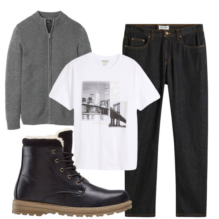 Outfit uomo - New York. Stile Urban per Tutti i giorni. Abbinamento con jeans dritti, stivali e stivaletti, t-shirt, cardigans.