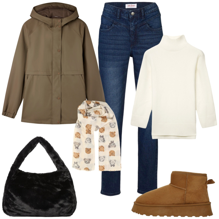 Outfit donna - Per tutti i giorni. Stile Casual per Tutti i giorni. Abbinamento con jeans skinny, foulard, maglieria, stivali, blazer, borse a spalla.
