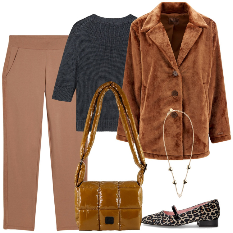 Outfit donna - Comoda in ufficio. Stile Casual chic per Ufficio. Abbinamento con cappotti, collane, pantaloni, borse a spalla, maglieria, ballerine.