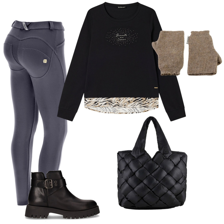 Outfit donna - Casual-chic a novembre. Stile Casual chic per Tutti i giorni. Abbinamento con pantaloni skinny, felpe, borse tote, guanti, stivaletti chelsea.