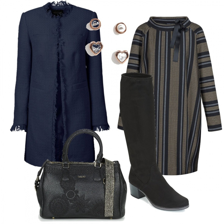 Outfit donna - Basic #1292. Stile Basic per Tutti i giorni. Abbinamento con blazer, stivali nero, borsetta nero, vestito fantasia jacquard, orecchini a bottone con strass farfalla in oro rosa.