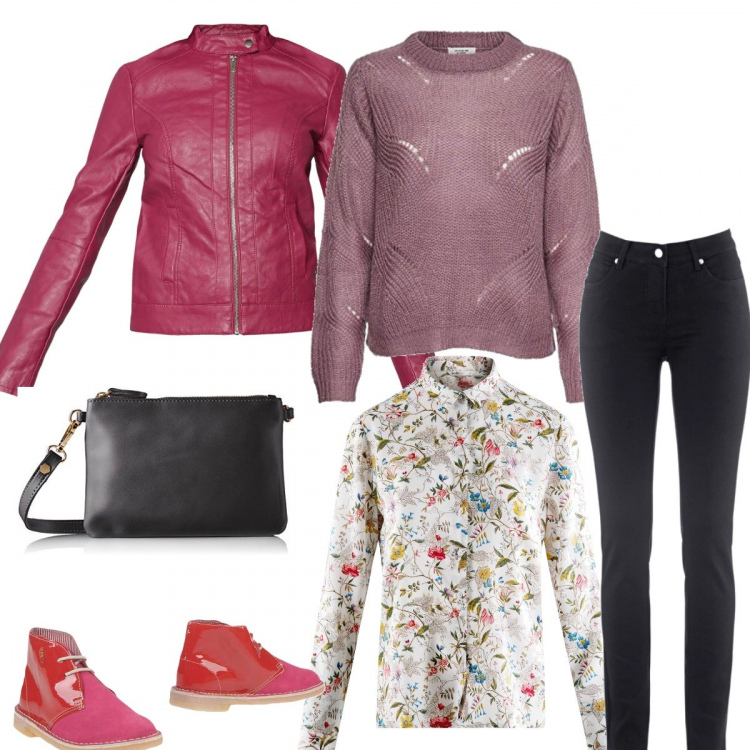 Outfit donna - #mi vesto bene con poco. Stile Trendy per Tutti i giorni. Abbinamento con jeans dritti, stivaletti fantasia effetto vernice con tacco squadrato interno in pelle con punta tonda, pullover, camicetta con stampa aderente multicolore, corpo, giacca in pelle viola e rosso.