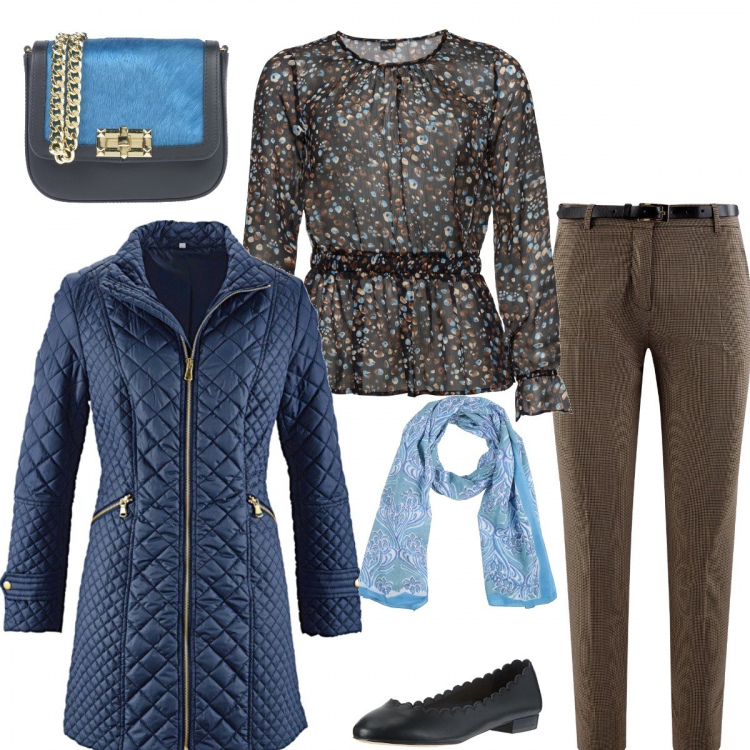 Outfit donna - #mi vesto bene con poco. Stile Bon Ton per Tutti i giorni. Abbinamento con blazer, blusa chiffon, borsa a mano petit con manico fantasia interno foderato, stola fantasia floreale, pantalone con cintura e stampa aderente marrone, mocassini nero.