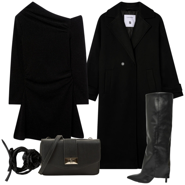 Outfit donna - Terranova - Black Friday 2025. Stile Chic per Serata fuori. Abbinamento con vestiti asimmetrici, stivali, cappotti, collane, borse a tracolla.