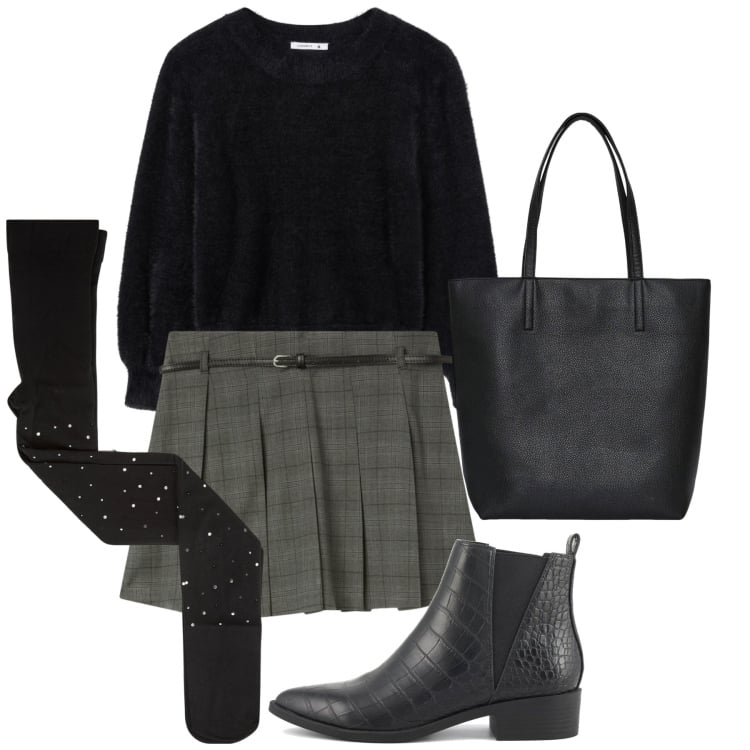Outfit donna - Terranova - Black Friday 2025. Stile Preppy per Tutti i giorni. Abbinamento con collant, borse tote, minigonne, maglieria, stivaletti.