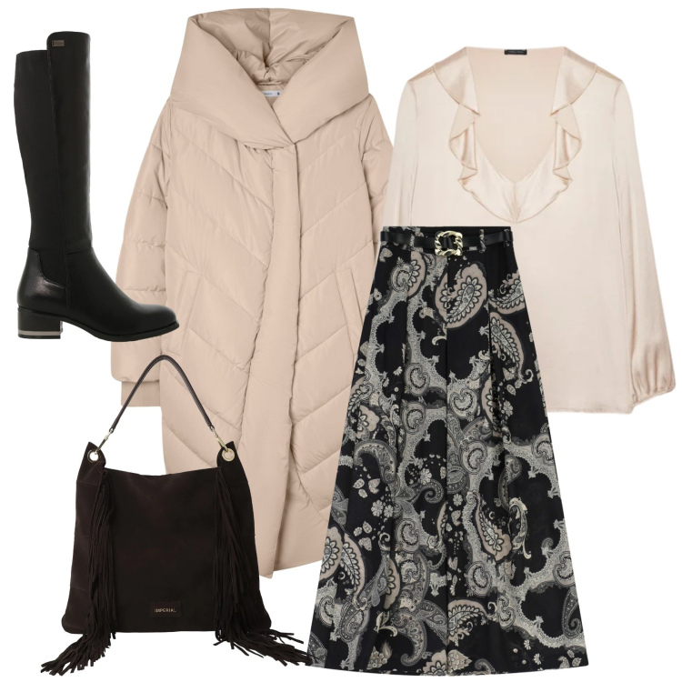 Outfit donna - In città. Stile Glamour per Tutti i giorni. Abbinamento con cappotti, gonne lunghe, stivali sopra il ginocchio, borse a spalla, bluse.