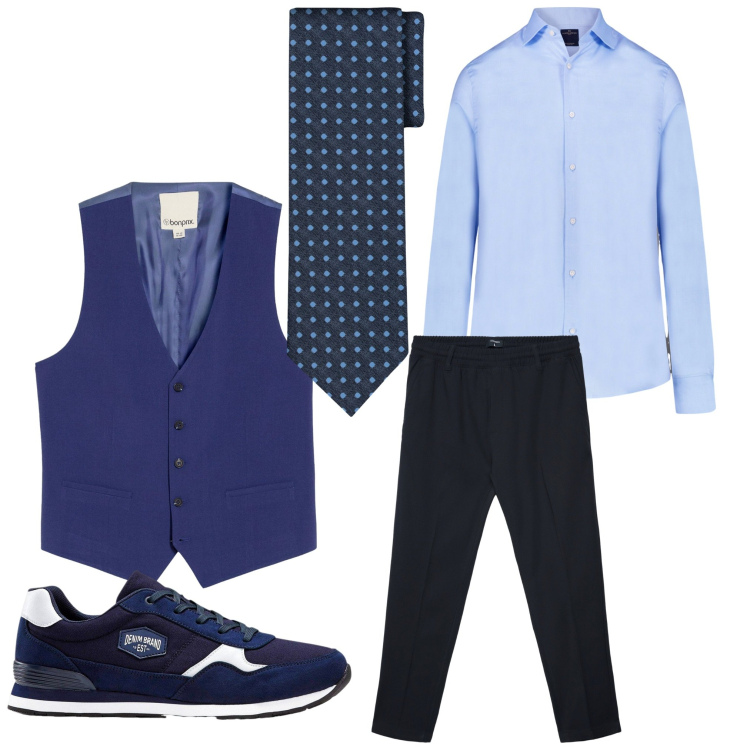 Outfit uomo - Blu. Stile Business/Elegante per Ufficio. Abbinamento con sneakers, gilet, pantaloni, camicie, cravatte.