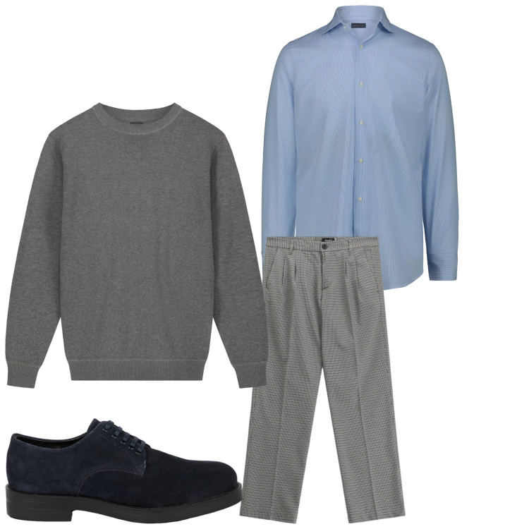 Outfit uomo - Grigioblu. Stile Business/Elegante per Ufficio. Abbinamento con pantaloni, scarpe stringate, maglieria, camicie.