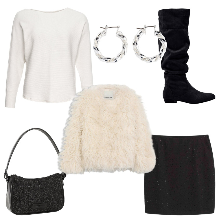 Outfit donna - Party in azienda. Stile Chic per Serata fuori. Abbinamento con stivali, maglieria, orecchini, borse a mano, ecopellicce, minigonne.