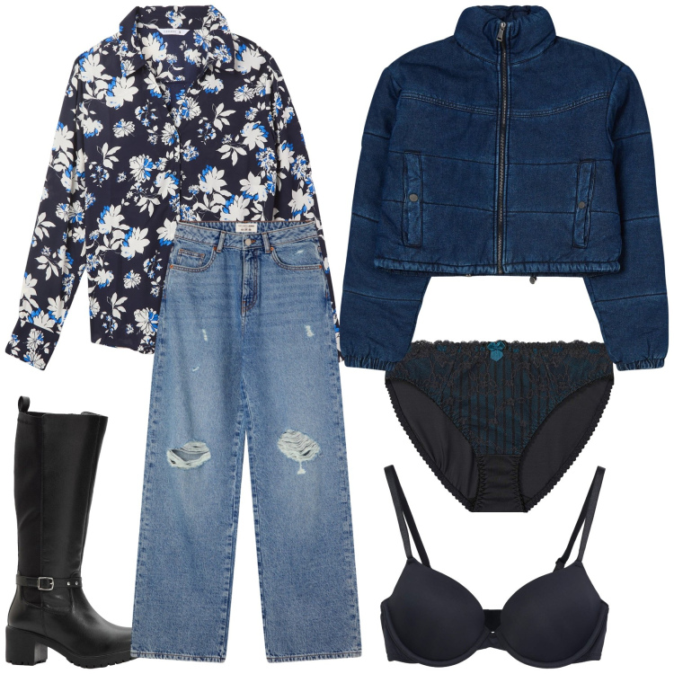 Outfit donna - Total look. Stile Urban per Tutti i giorni. Abbinamento con slip, stivali, blazer, camicie, jeans strappati, reggiseni.