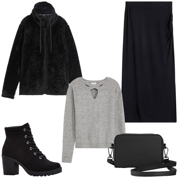 Outfit donna - Party informale in famiglia. Stile Trendy per Serata fuori. Abbinamento con blazer, stivaletti, gonne longuette, borse a tracolla, maglieria.