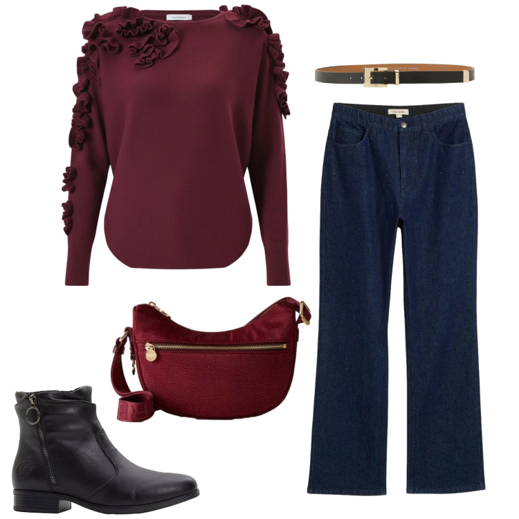 Outfit donna - Giornata in città - Focus Donna Curvy. Stile Casual chic per Tutti i giorni. Abbinamento con stivaletti, jeans dritti, maglieria, cinture, borse a tracolla.