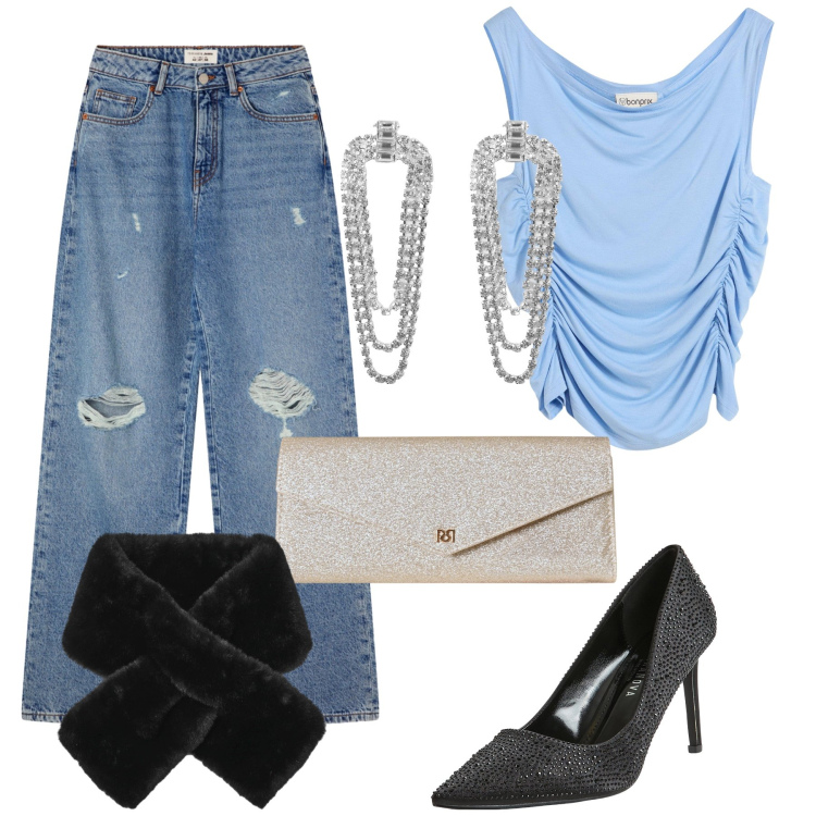 Outfit donna - Glam jeans. Stile Glamour per Serata fuori. Abbinamento con top, pochette, décolleté, orecchini, jeans strappati, sciarpe.