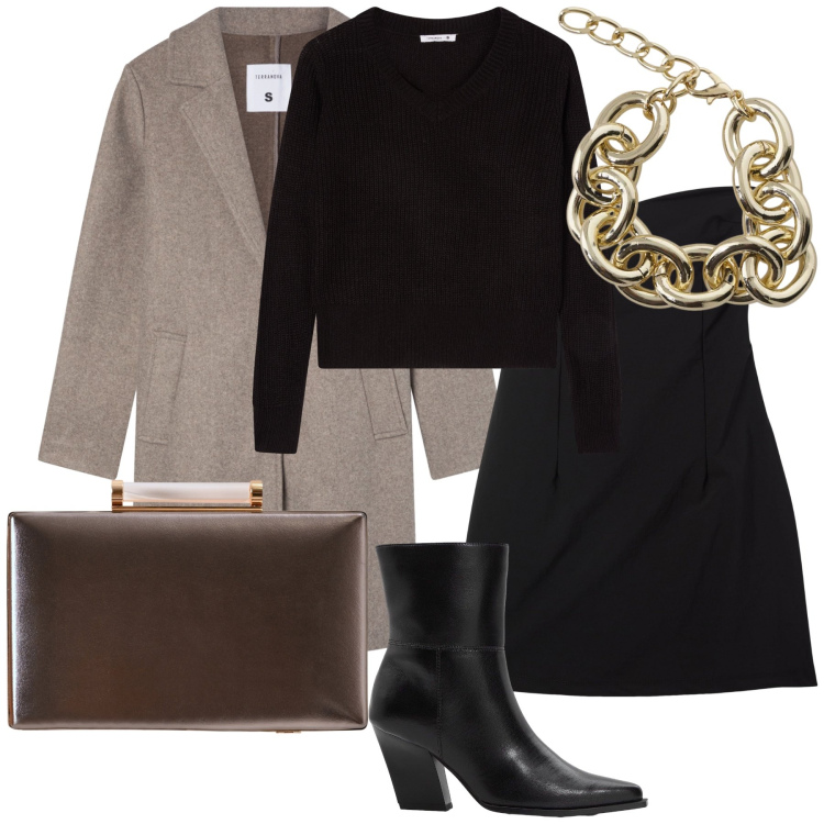 Outfit donna - Giornata e serata. Stile Glamour per Serata fuori. Abbinamento con stivaletti, clutch, vestiti corti, cappotti, maglieria, braccialetti.